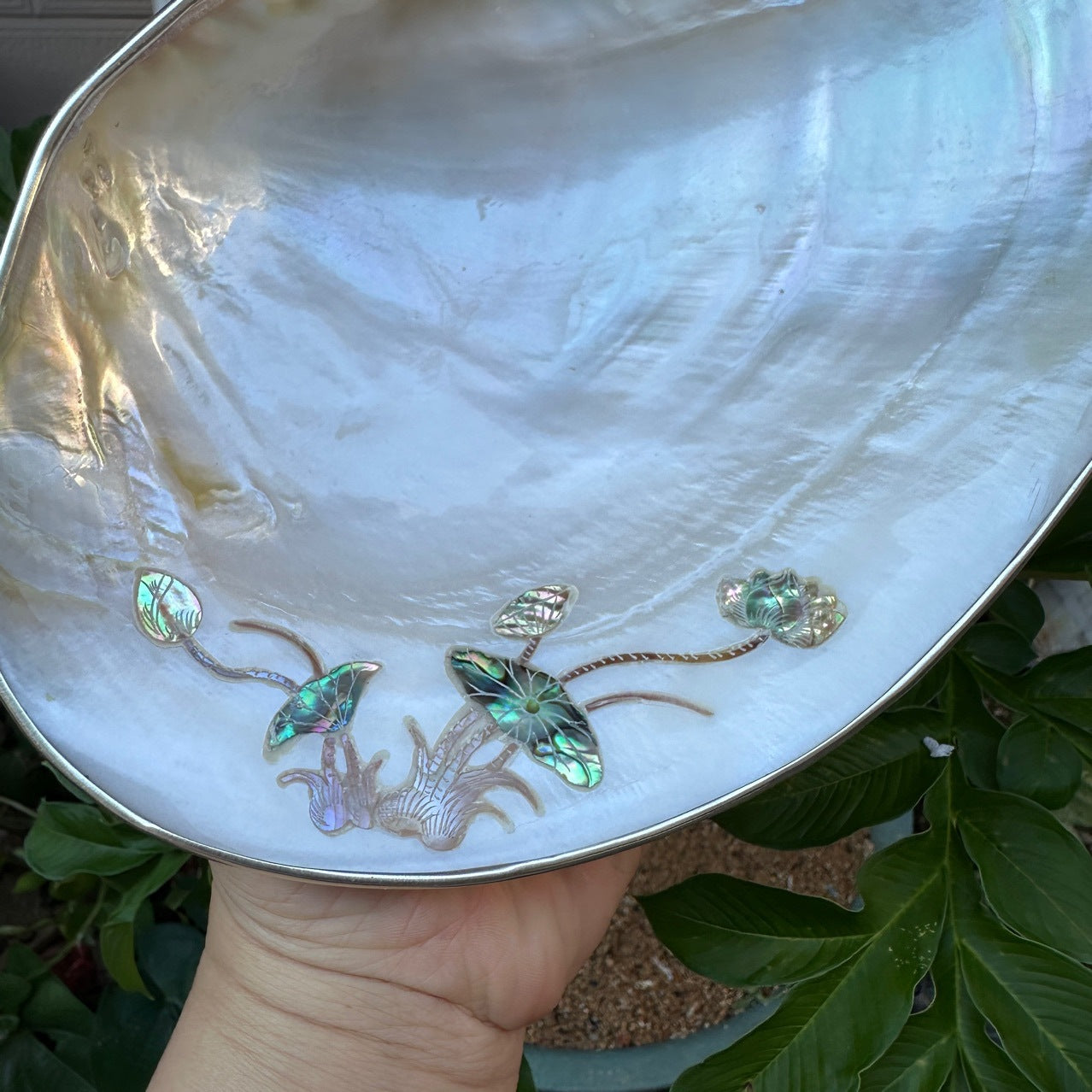 Handmade Natural Big Pearl Shell Plate with Inlay